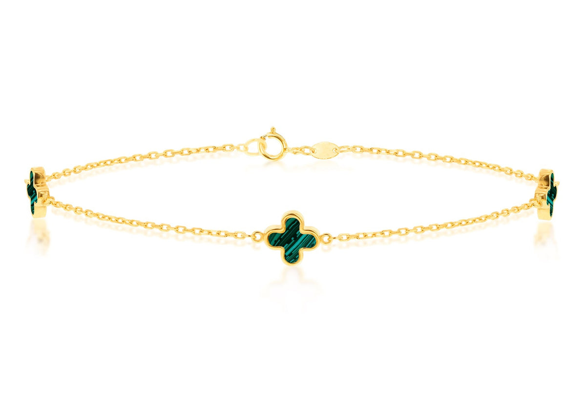 9ct Yellow Gold 3 Malachite Petal Bracelet 19 cm