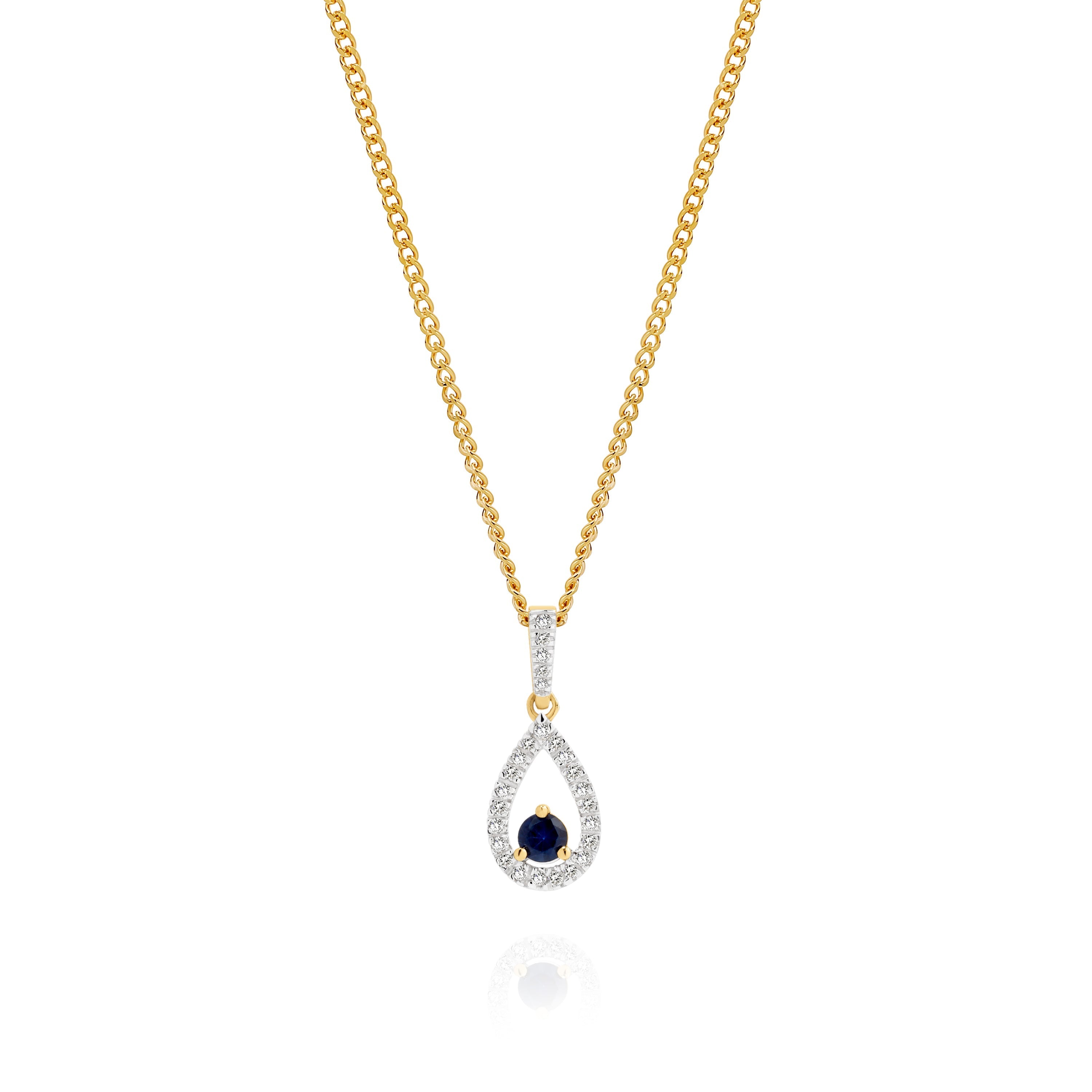 9ct blue sapphire & 0.10ct diamond teardrop pendant