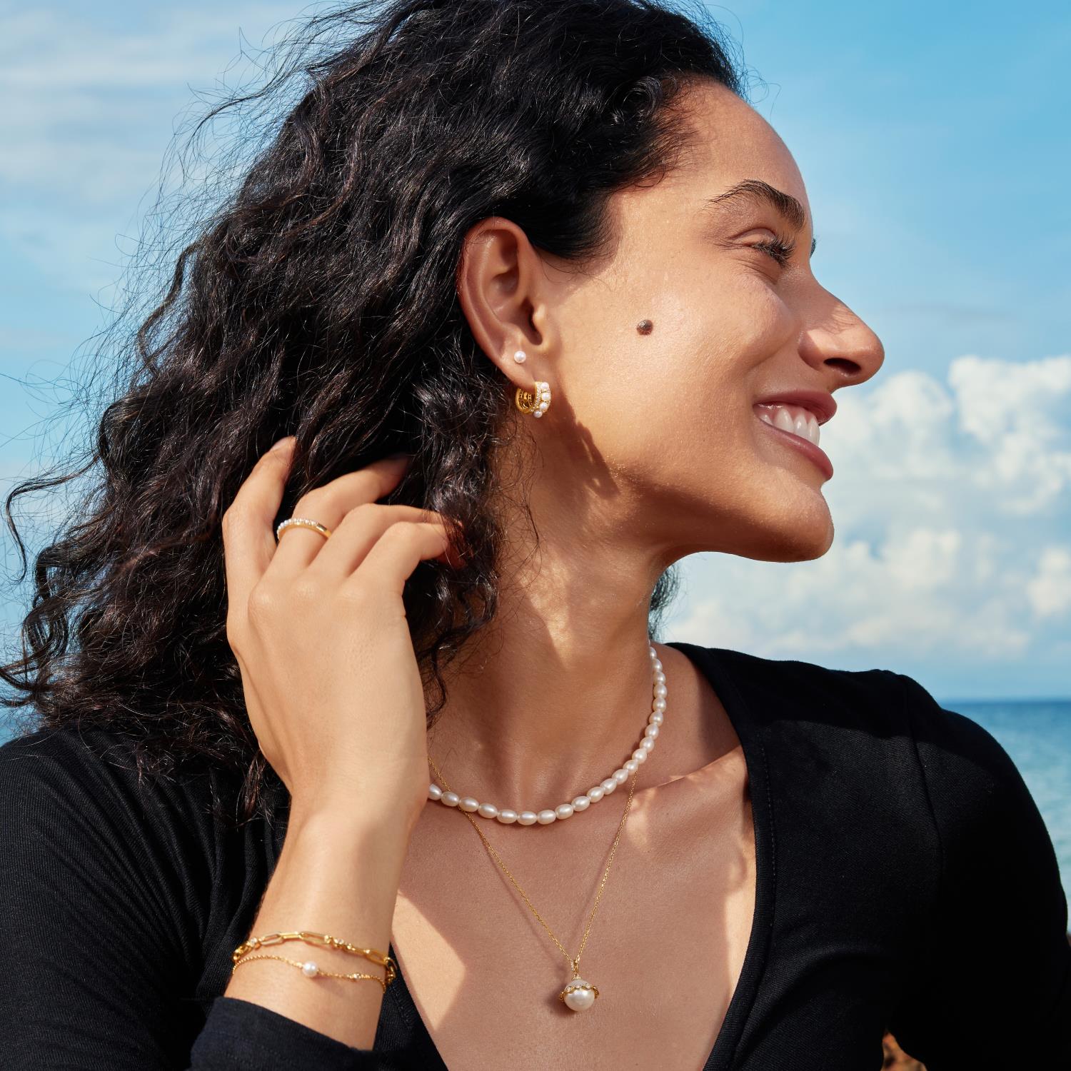 Ania Haie Gold Sparkling Shell Pearl Row Huggie Hoop Earrings