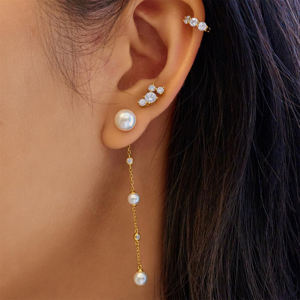 Ania Haie Gold Cascade Shell Pearl Station Drop Stud Earrings