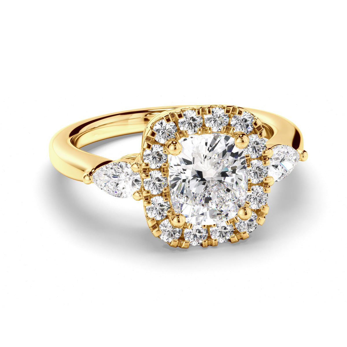 Cushion Cut Diamond Halo Trilogy Engagement Ring with Pear Sides