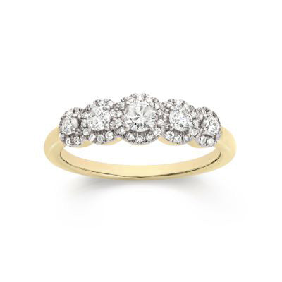 9ct Yellow Gold 0.50ct Diamond 5-Section Halo Ring
