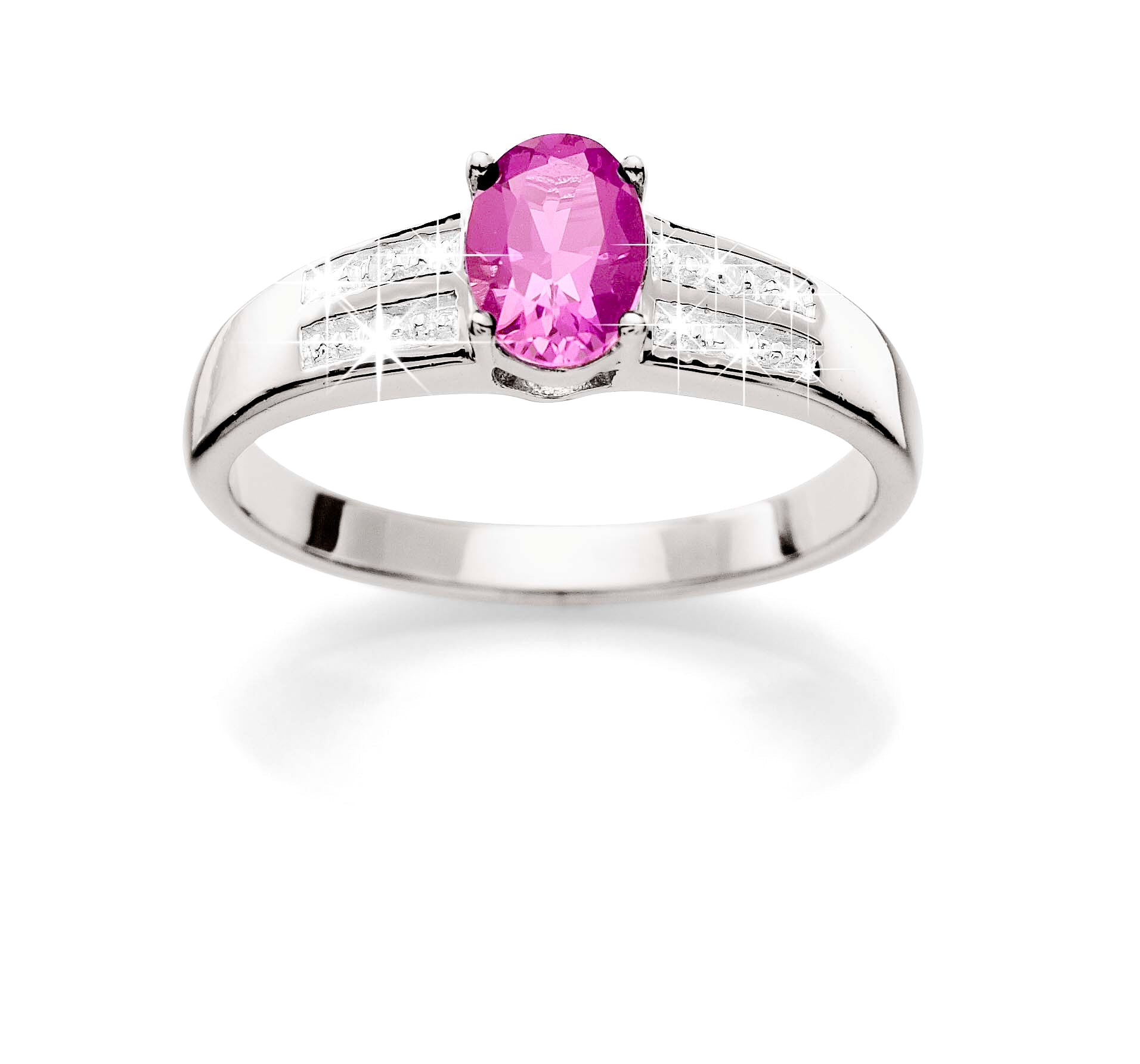 Silver created pink sapphire & diamond ring