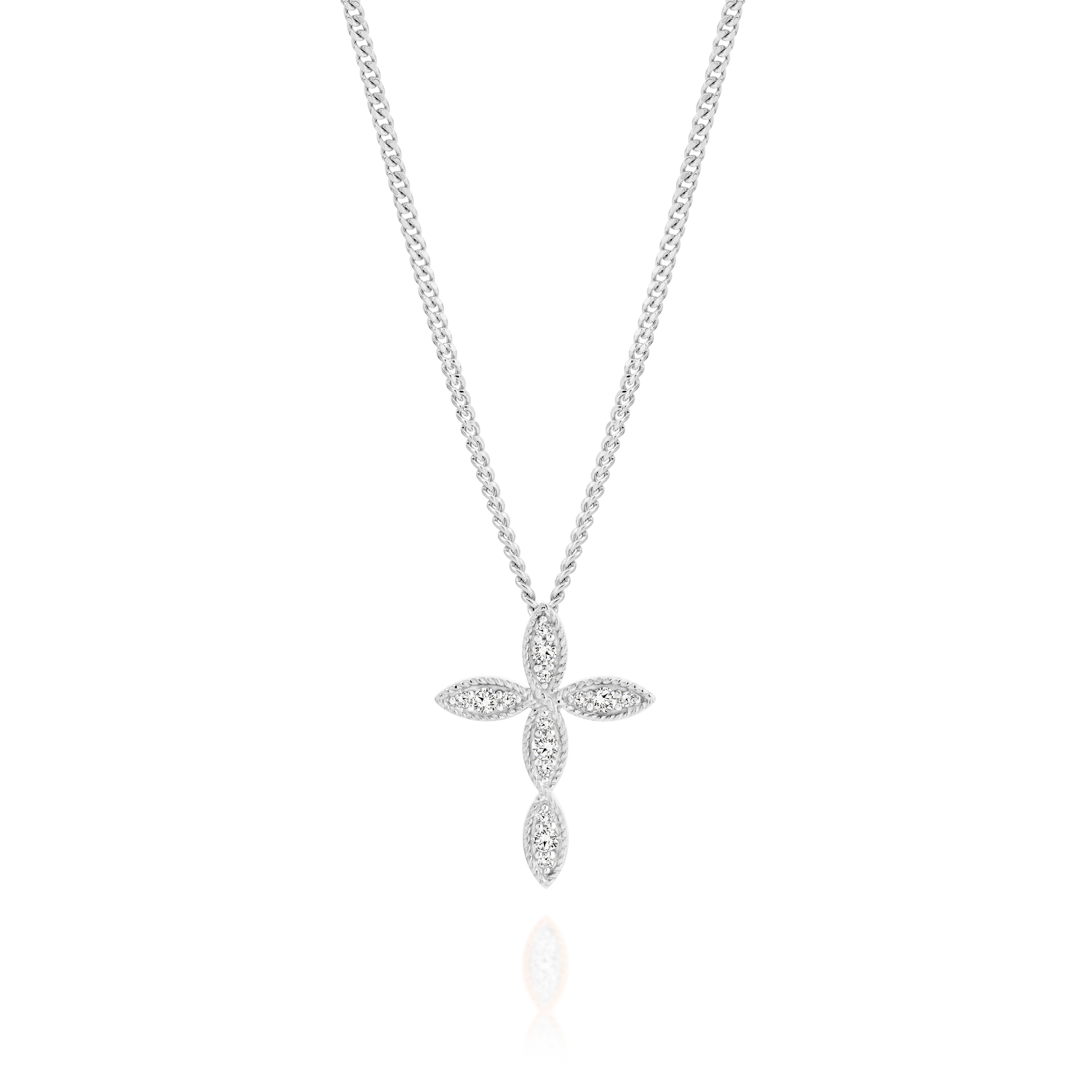 9ct white gold 0.10ct diamond millgrain cross pendant