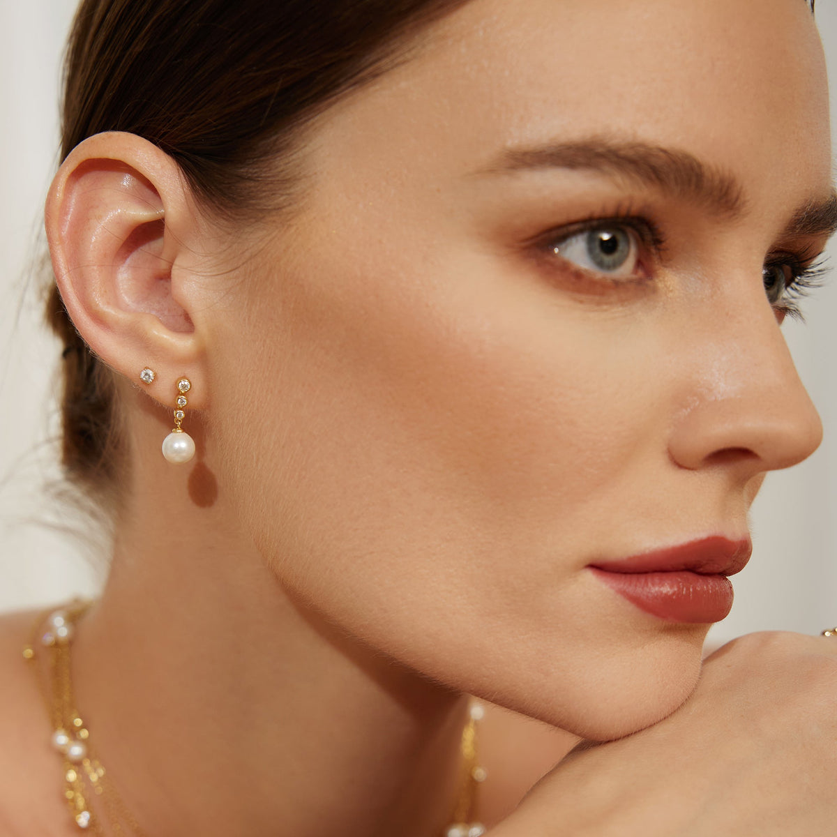 Ania Haie Gold Tennis Beaded Stone Pearl Drop Stud Earrings
