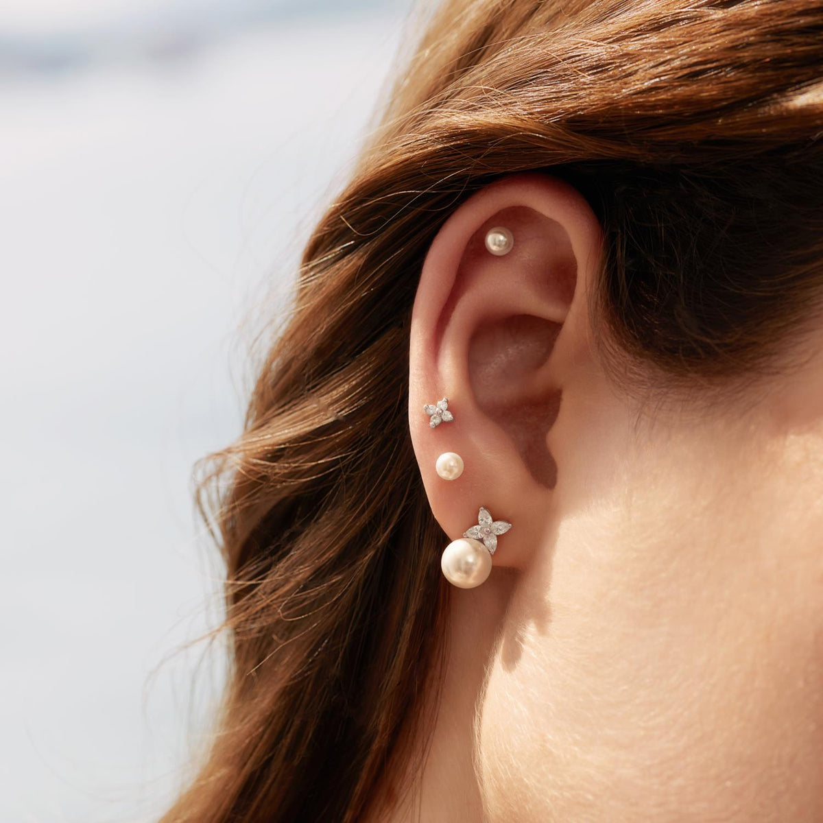 Ania Haie Silver Shell Pearl & Lucky Clover Stud Earrings