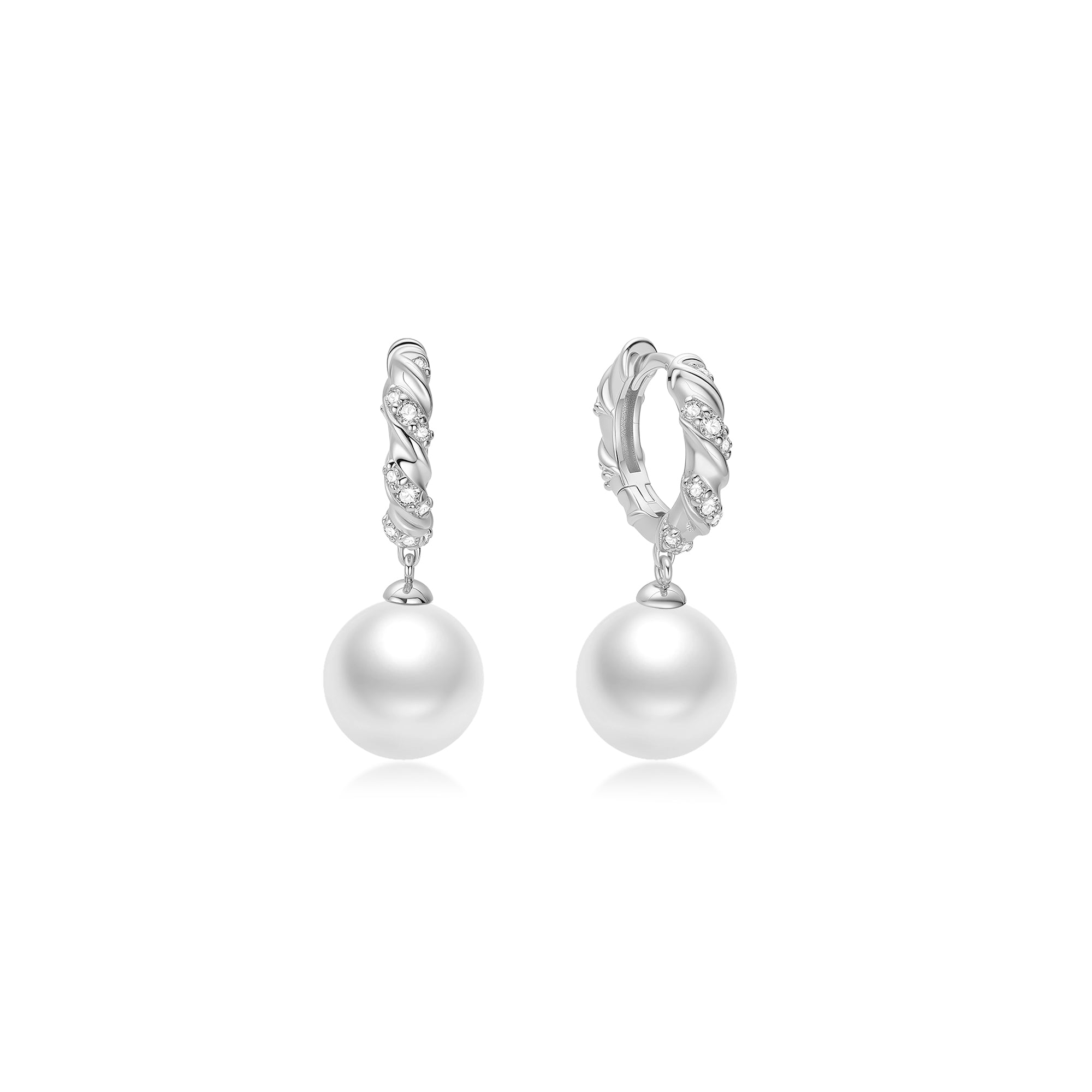 Ania Haie Silver Shell Pearl Dangling Twisted Huggie Hoop Earrings