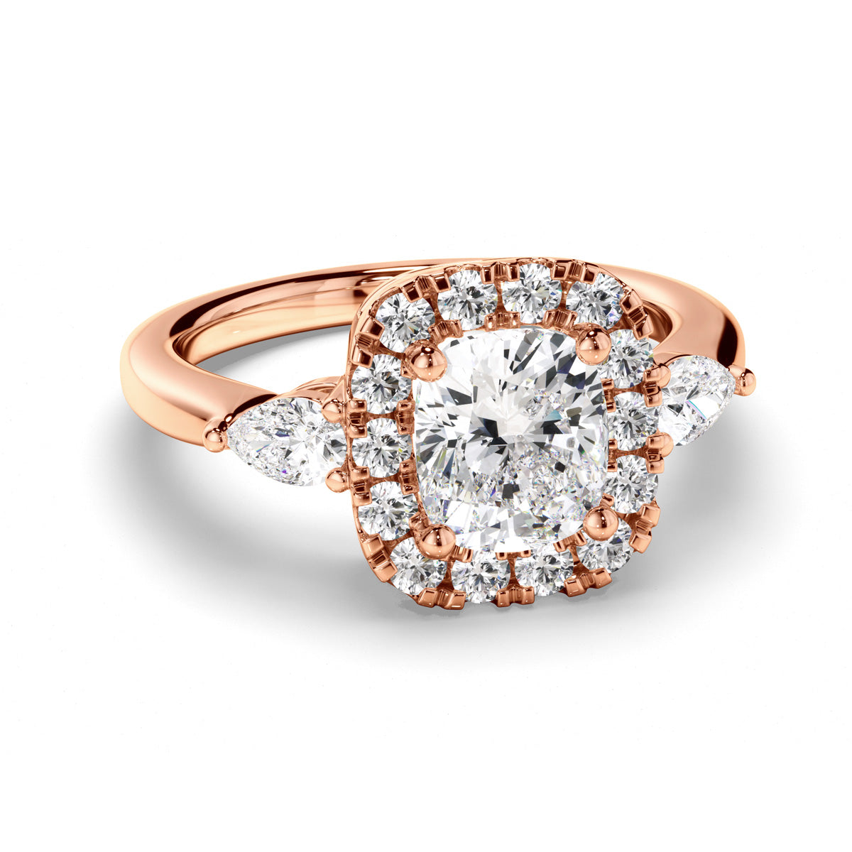 Cushion Cut Diamond Halo Trilogy Engagement Ring with Pear Sides