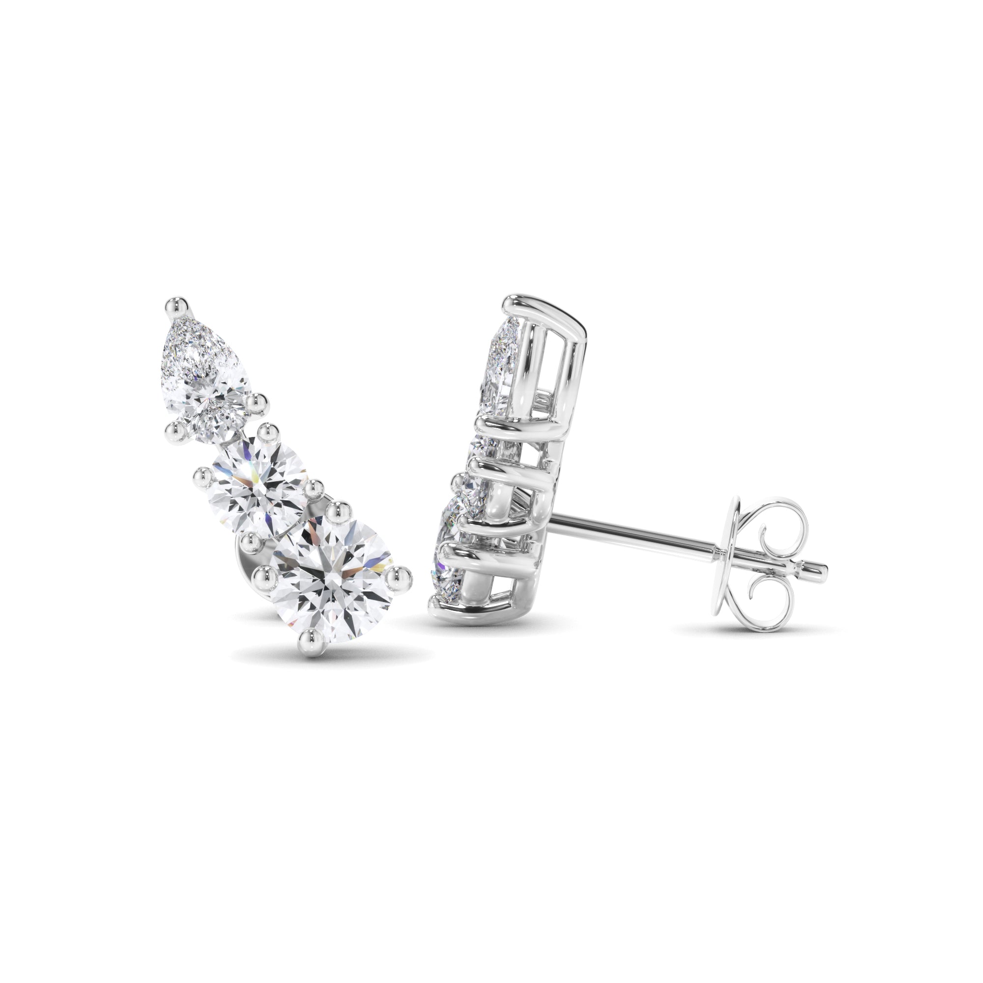 Round Brilliant & Pear Cut 3-Stone Stud Earrings