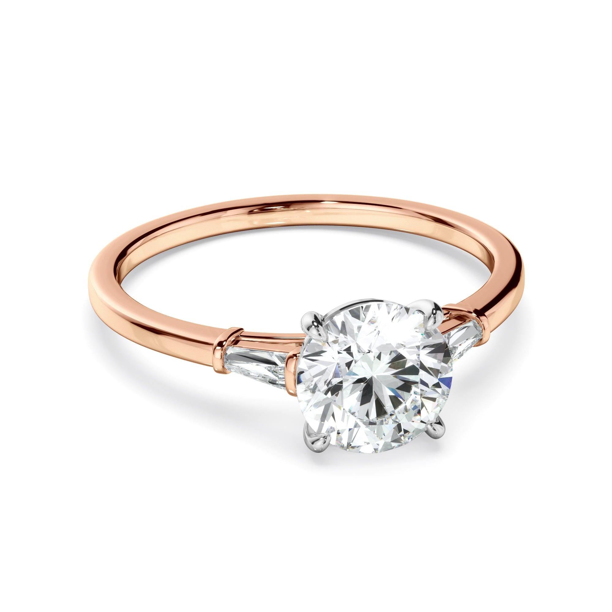 Round Brilliant Cut Diamond Engagement Ring With Baguette Sides