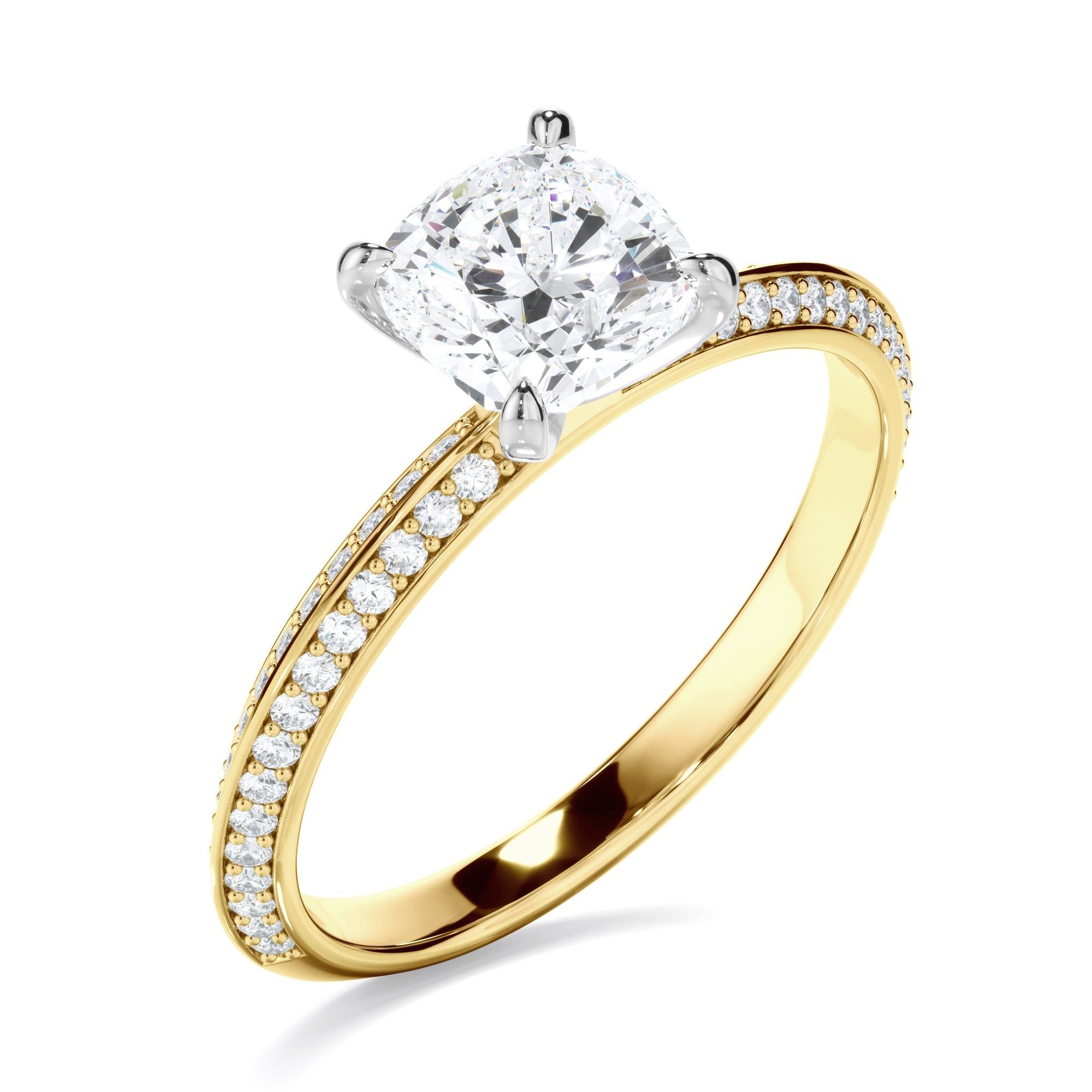 Cushion Cut Diamond Knife Edge Engagement Ring With Diamond Pave Sides